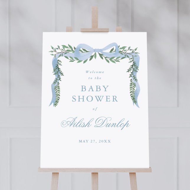 Elegant Blue Bow Greenery Boy Baby Shower Welcome Poster (Elegant blue bow baby shower welcome poster. Available as a  printed poster or an instant download. )