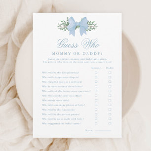 Elegant Blue Bow Guess Who Baby Shower Game Invitation