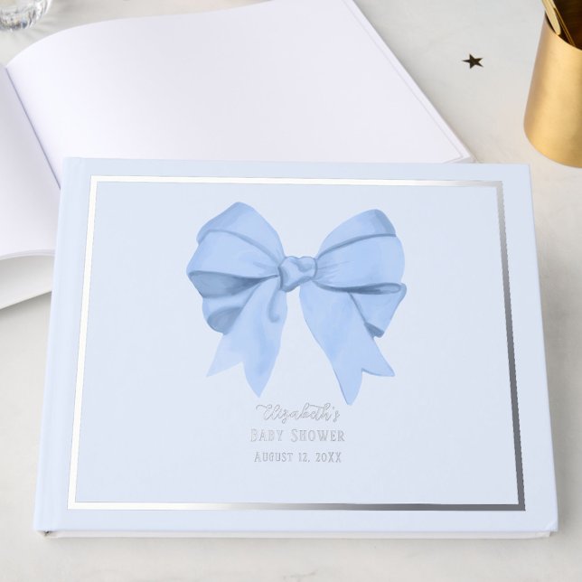 Elegant Blue Bow It's a Boy Baby Shower Silver Guest Book (Creator Uploaded)