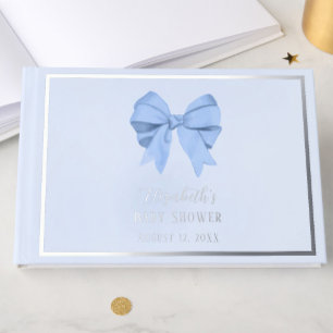 Elegant Blue Bow It's a Girl Baby Shower Silver Guest Book