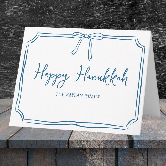 Elegant Blue Bow Personalized Happy Hanukkah Card (Celebrate Hanukkah with a timeless card featuring a custom family name and elegant blue bow.)