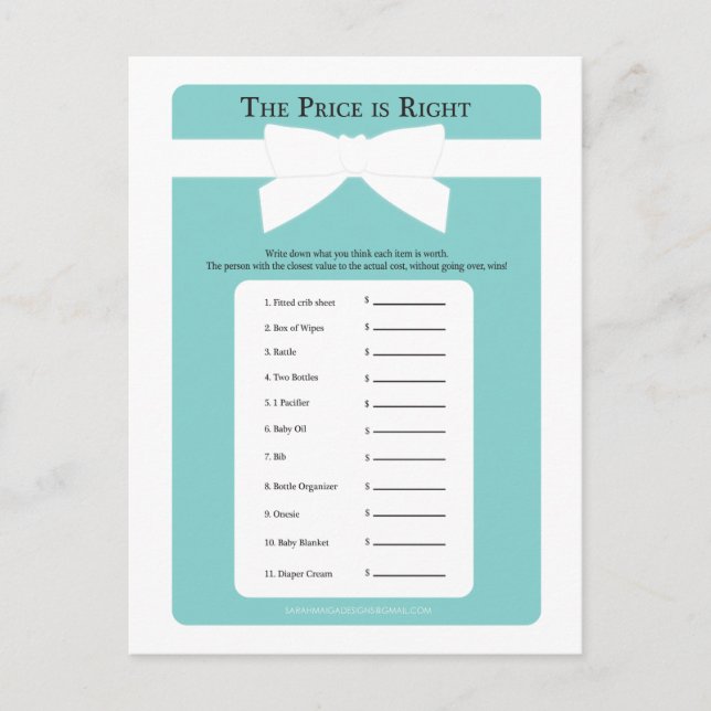Elegant Blue Bow Price is Right Baby Shower Game Invitation Postcard (Front)