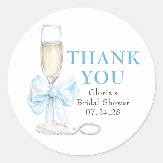 Elegant Blue Bow Prosecco Bridal Shower Thank You Classic Round Sticker (Front)