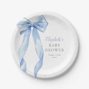Elegant Blue Bow Ribbon Boy Baby Shower Paper Plate