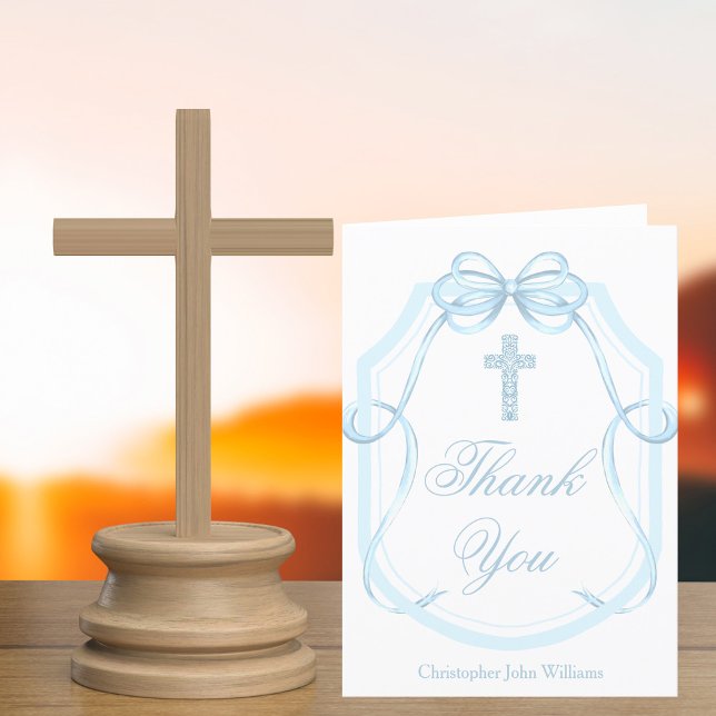 Elegant Blue Bow Ribbon Confirmation Cross Thank You Card (Creator Uploaded)
