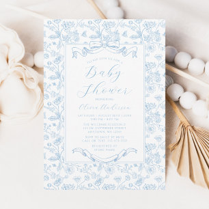 Elegant Blue Bow Vintage Floral Boy Baby Shower Invitation
