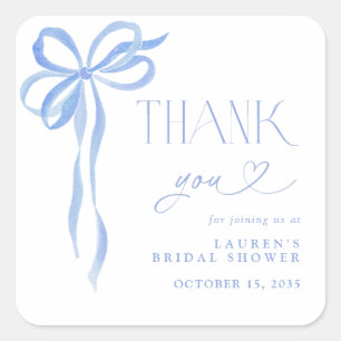 Elegant Blue Bow Watercolor Script Thank You Square Sticker