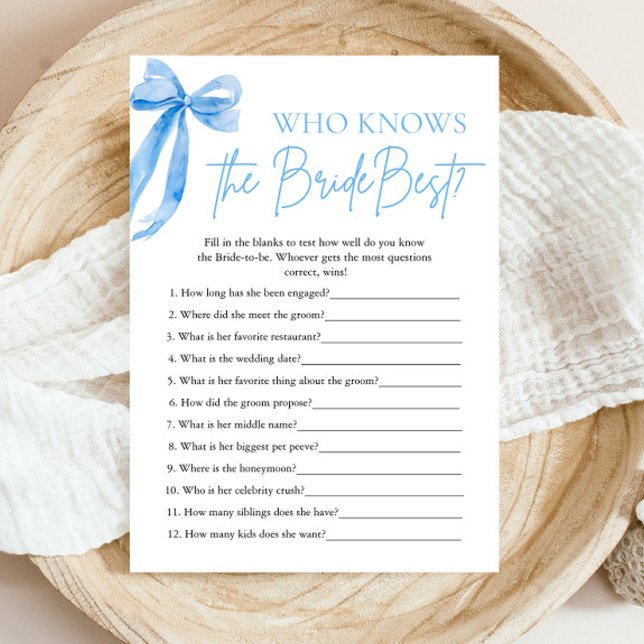 Elegant Blue Bow Who Knows The Bride Best Game Invitation (Watercolor Modern Blue Bow Coquette Who Knows The Bride Best Game)