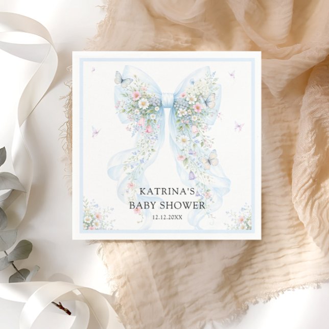 Elegant Blue Bow Wildflower Baby Shower Napkin (Creator Uploaded)