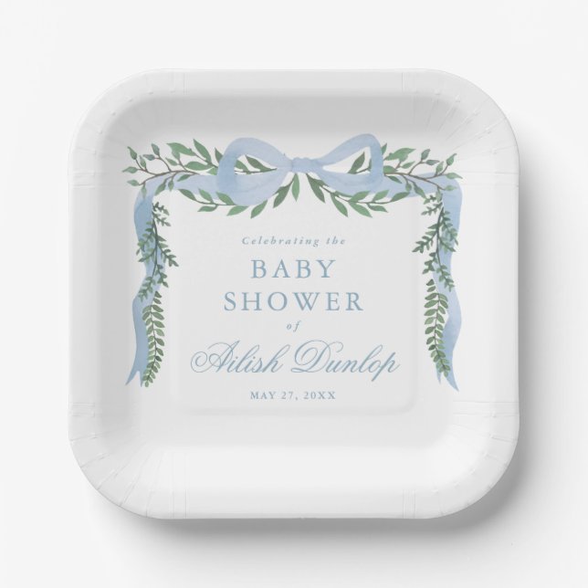 Elegant Blue Bow with Greenery Boy Baby Shower Paper Plate (Front)