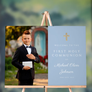 Elegant Blue Boy Photo First Communion Welcome Acrylic Sign