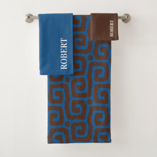 Elegant Blue &Brown Abstract Pattern Custom Name Bath Towel Set