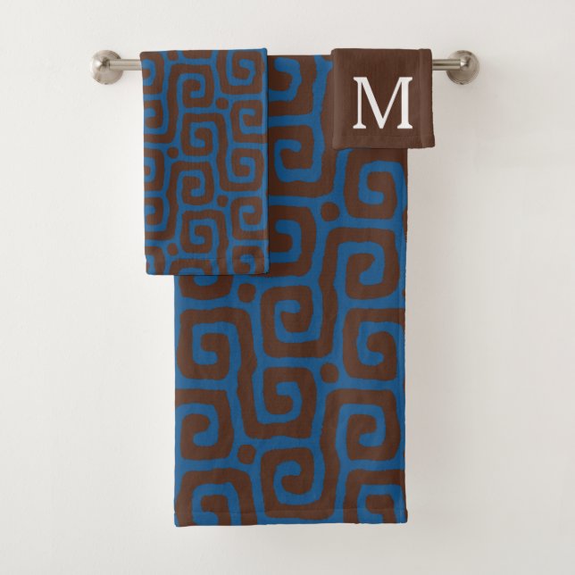 Elegant Blue &Brown Abstract Pattern Monogram Bath Towel Set (Insitu)