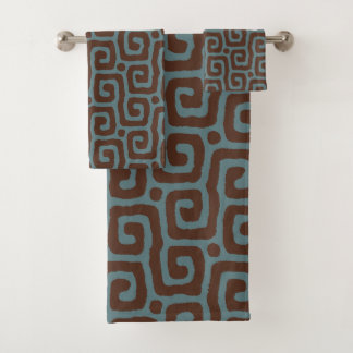 Elegant Blue &Brown Abstract Pattern Monogram Bath Towel Set