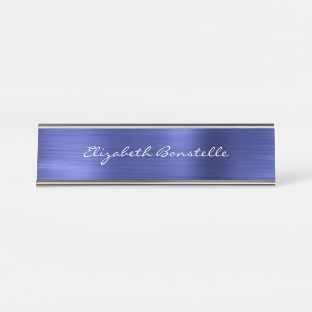 Elegant Blue Brushed Metal Handwriting Desk Name Plate (Front)