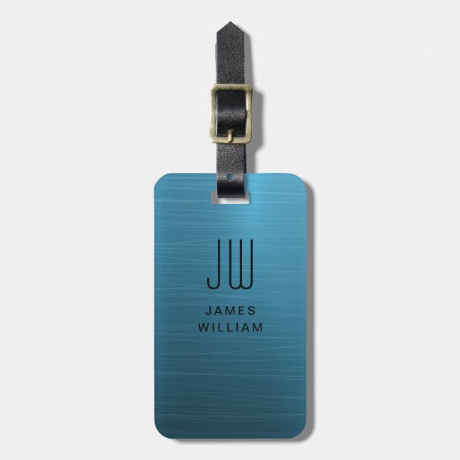 Elegant Blue Brushed Metal Monogrammed Luggage Tag (Front Vertical)