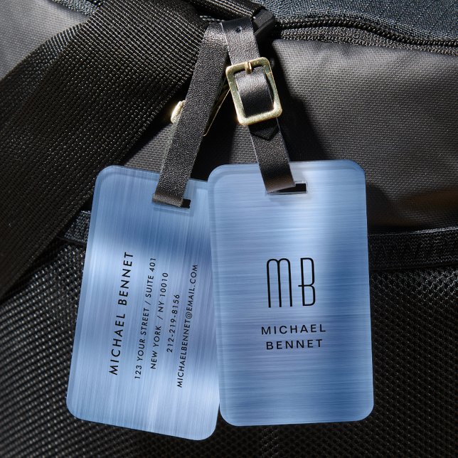 Elegant Blue Brushed Metal Monogrammed Luggage Tag (Elegant Blue Brushed Metal Monogrammed Luggage Tag)