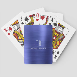 Elegant Blue Brushed Metallic Monogram Name Playing Cards