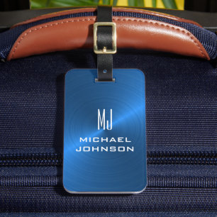 Elegant Blue Brushed Metallic Monogrammed Initial Luggage Tag