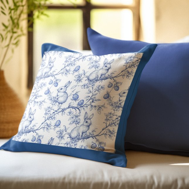 Elegant Blue Bunny Toile Easter Throw Pillow (Creator Uploaded)