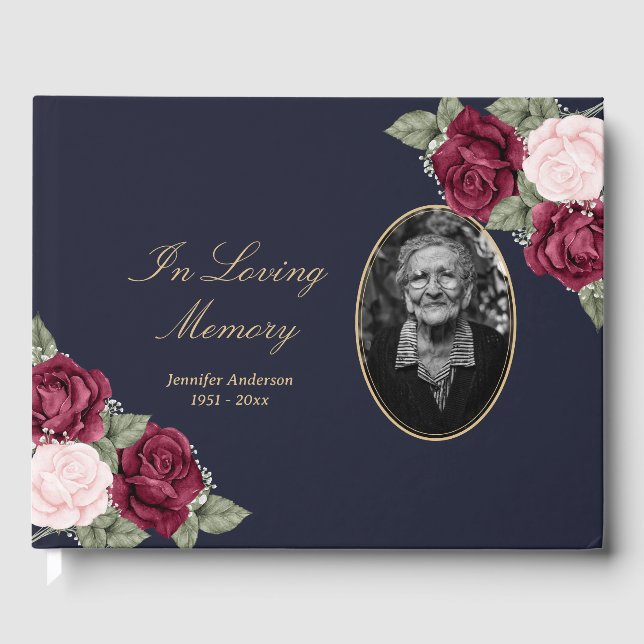 Elegant Blue Burgundy Pink Floral Funeral Photo Guest Book (Front)