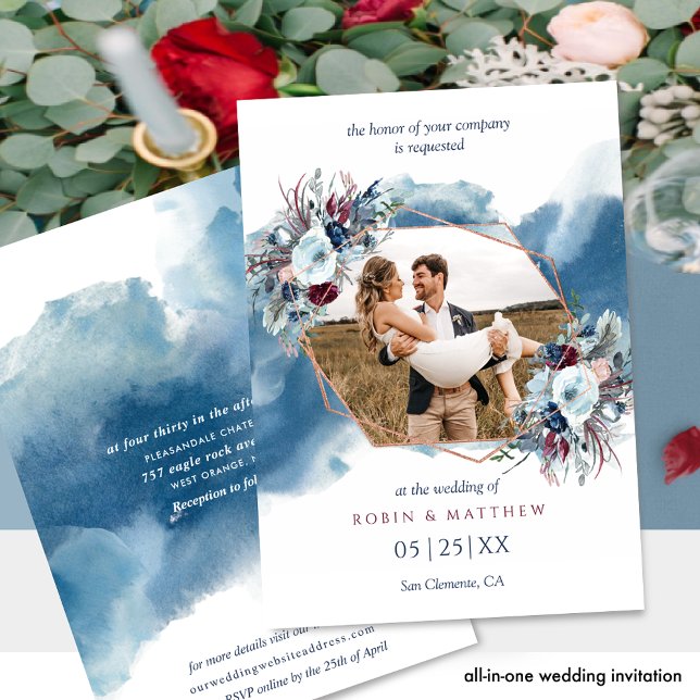 Elegant Blue Burgundy Watercolor Photo Wedding Invitation (Creator Uploaded)