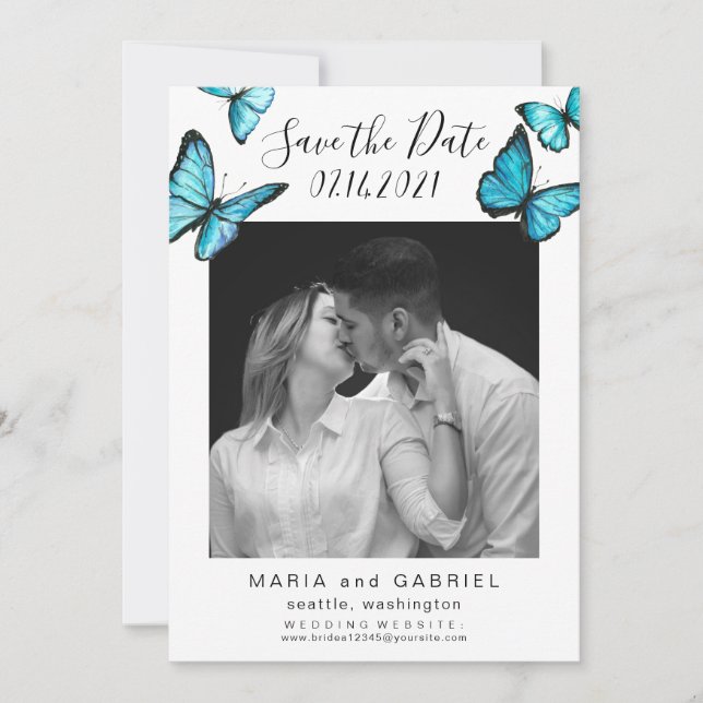 Elegant Blue butterflies. Wedding Photo Wedding Save The Date (Front)