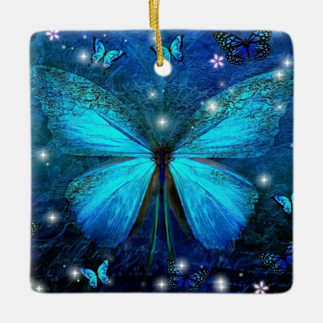 Elegant Blue Butterfly Ceramic Ornament (Front)
