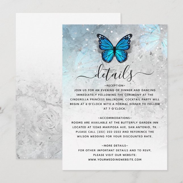 Elegant Blue Butterfly Wedding Details Enclosure Card (Front/Back)