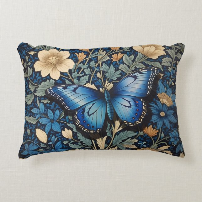 Elegant Blue Butterfly William Morris Inspired Accent Pillow (Front)