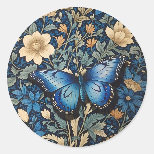 Elegant Blue Butterfly William Morris Inspired Classic Round Sticker (Front)
