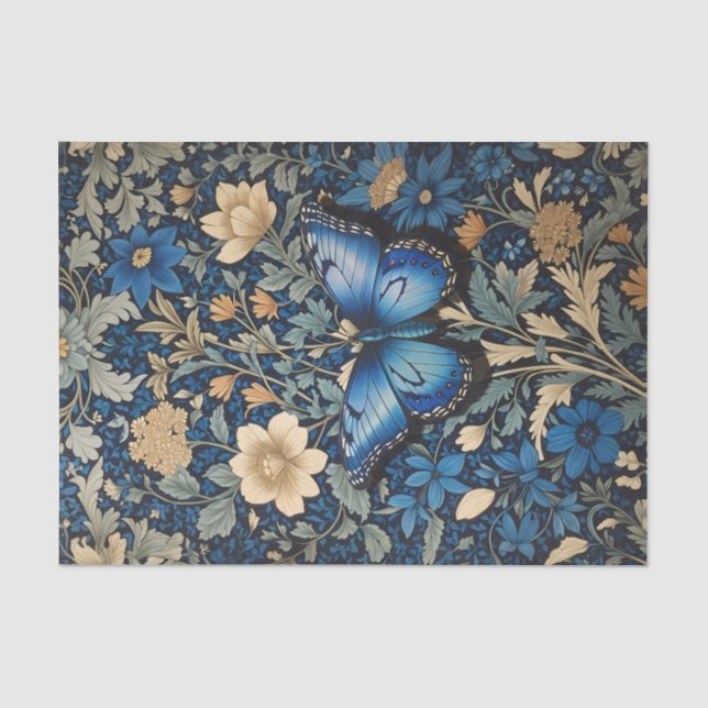 Elegant Blue Butterfly William Morris Inspired Tissue Paper (Front)