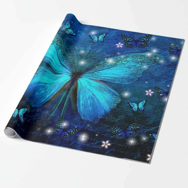 Elegant Blue Butterfly Wrapping Paper (Unrolled)