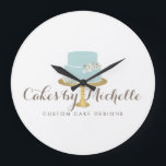 Elegant Blue Cake with Florals Cake Decorating Large Clock<br><div class="desc">Coordinates with the Elegant blue Cake with Florals Cake Decorating Business Card Template by 1201AM. An elegant aqua blue tiered cake decorated with white flowers sits atop a faux gold cake stand for a beautiful aesthetic on this bakery or cake decorator's clock design. Update the calligraphic text with your name...</div>