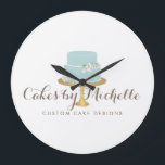 Elegant Blue Cake with Florals Cake Decorating Large Clock<br><div class="desc">Coordinates with the Elegant blue Cake with Florals Cake Decorating Business Card Template by 1201AM. An elegant aqua blue tiered cake decorated with white flowers sits atop a faux gold cake stand for a beautiful aesthetic on this bakery or cake decorator's clock design. Update the calligraphic text with your name...</div>