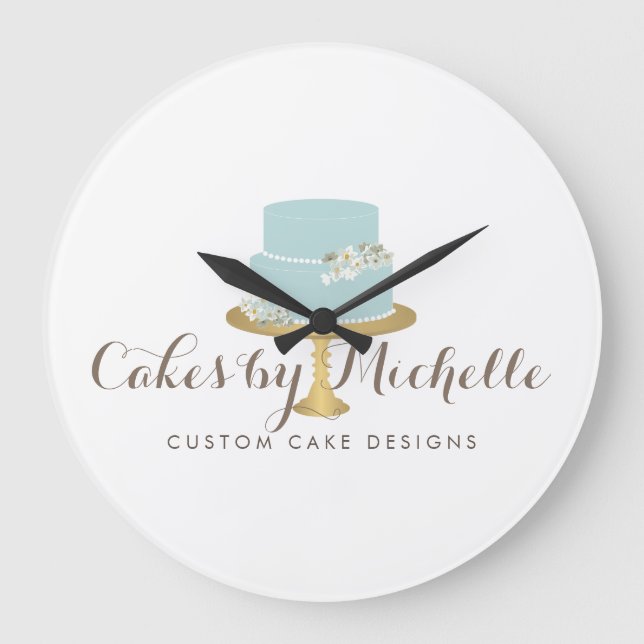 Elegant Blue Cake with Florals Cake Decorating Large Clock (Front)