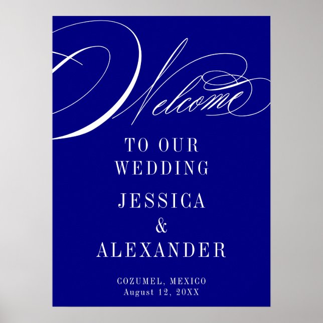 Elegant Blue Calligraphy Wedding Welcome Sign (Front)