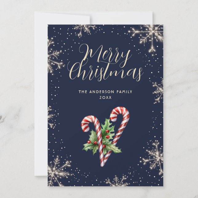Elegant Blue Candy Canes Snowflakes Christmas Card (Front)