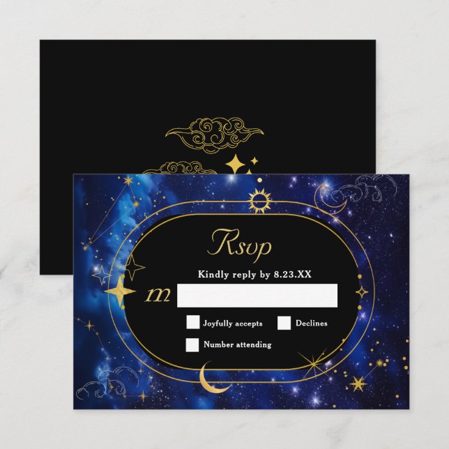 Elegant blue celestial wedding RSVP card (Front/Back)