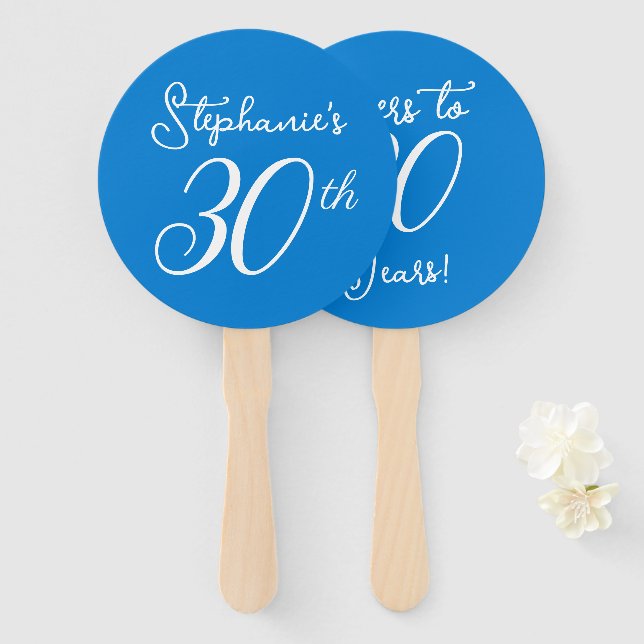 Elegant Blue Cheers to 30 Years 30th Birthday Hand Fan (Front and Back)