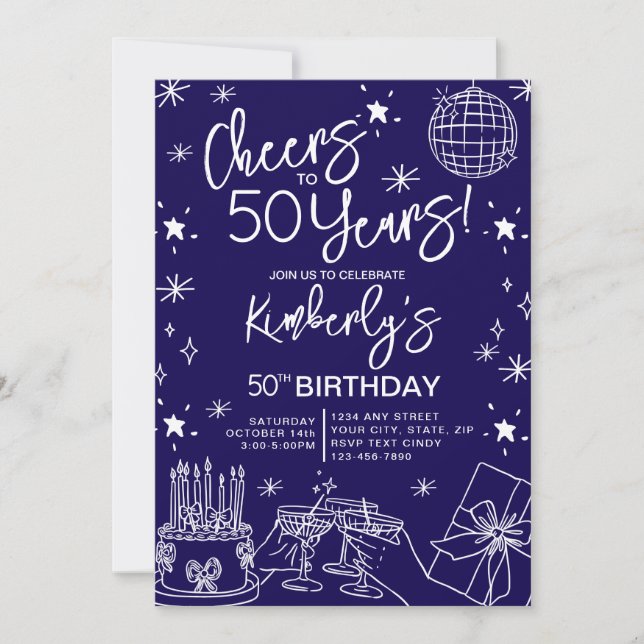 Elegant Blue Cheers to 50 Years Birthday Invitation (Front)