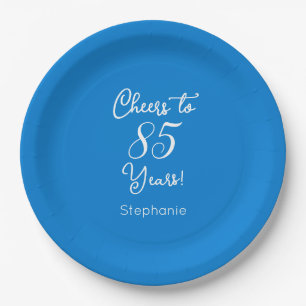 Elegant Blue Cheers to 85 Years 85th Birthday Paper Plate