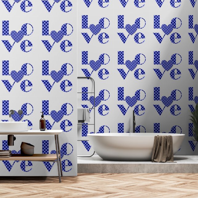 Elegant Blue Chequered Heart & Love Typography Art Wallpaper (Bathroom)