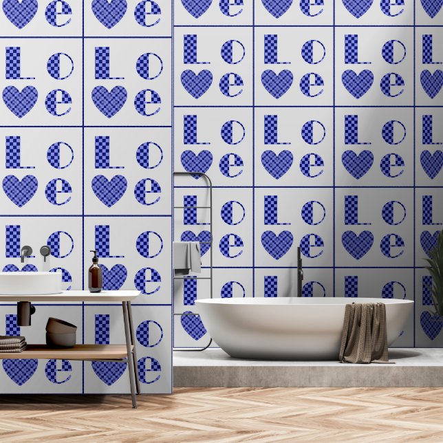 Elegant Blue Chequered Love Hearts Tiled Pattern Wallpaper (Bathroom)