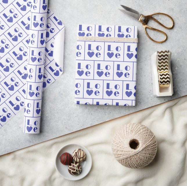 Elegant Blue Chequered Love Hearts Tiled Pattern Wrapping Paper (Crafts)
