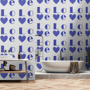 Elegant Blue Chequered Love Hearts Typography Art Wallpaper