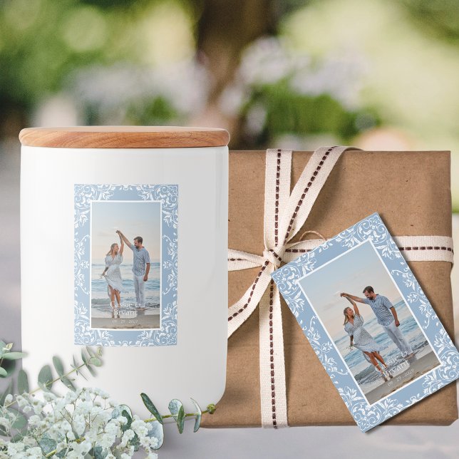 Elegant Blue Chic Photo Border Wedding Labels (Blue and white wedding engagement photo thank you gifts or favor tag stickers wedding party guests)