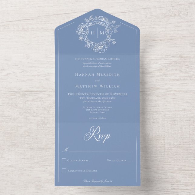 Elegant Blue Chinoiserie Bird Crest Wedding All In One Invitation (Inside)