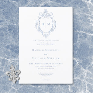 Elegant Blue Chinoiserie Bird & Crest Wedding Invitation