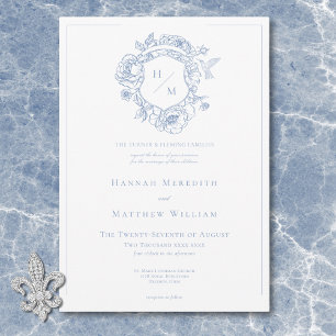 Elegant Blue Chinoiserie Bird & Crest Wedding Invitation